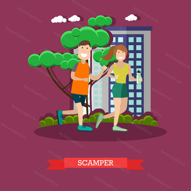 Vektorové ilustrace mladého muže a ženy jogging v parku. Scamper concept plochý styl designový prvek.