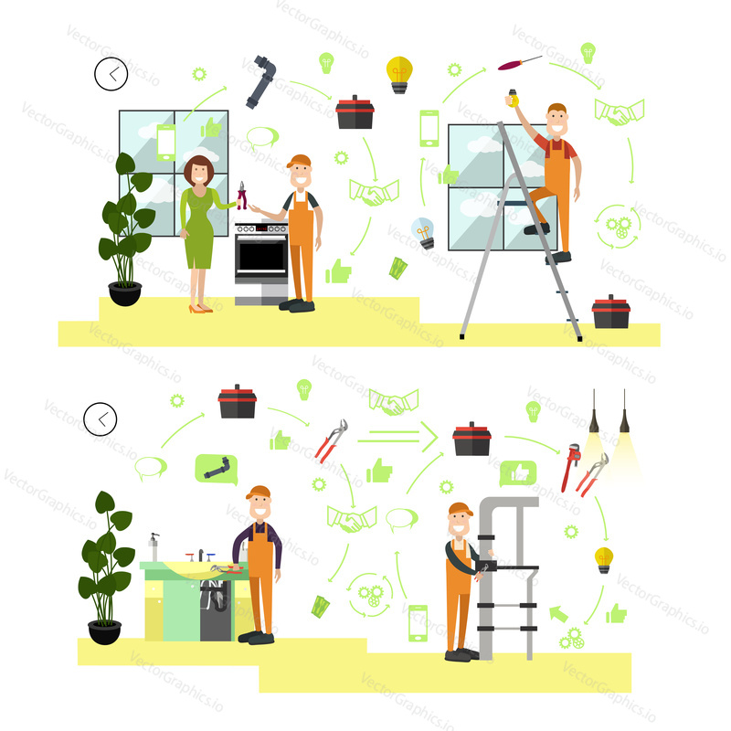 Vektorové ilustrace Elektrikář, plynař a instalatéři upevnění elektrické, instalatérské nebo plynové spotřebiče problémy. Profesionální pracovníci symboly, ikony izolované na bílém pozadí. Plochý design.