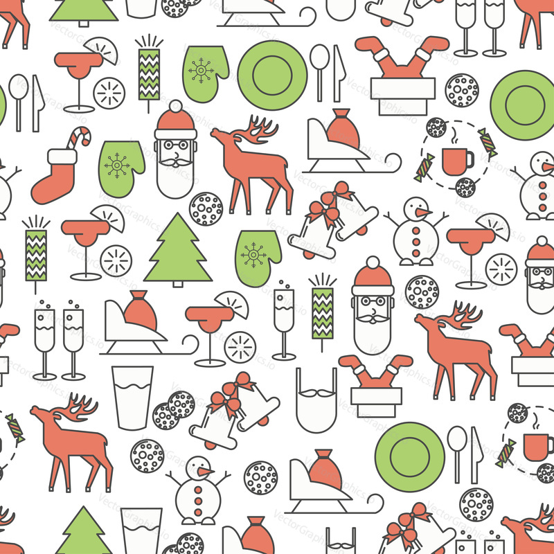 Holiday Christmas and New Year line seamless pattern. Vector illustration of wrapping paper in linear style design. Graphic icons with toys and gifts elements.