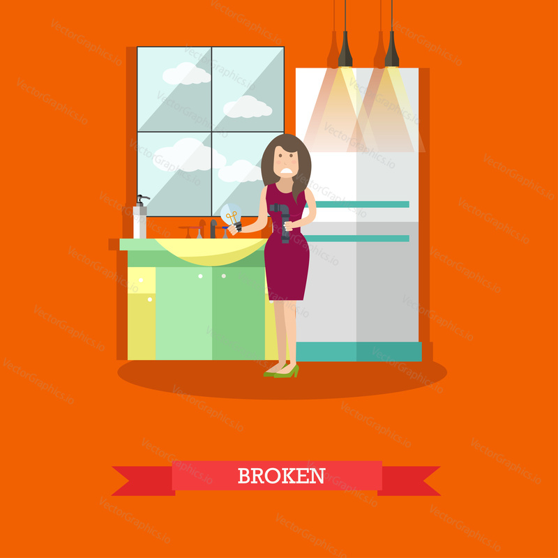 Vector illustration of woman holding broken pipe in one hand and burning out light bulb in another hand. Broken pipe repair concept flat style design element.