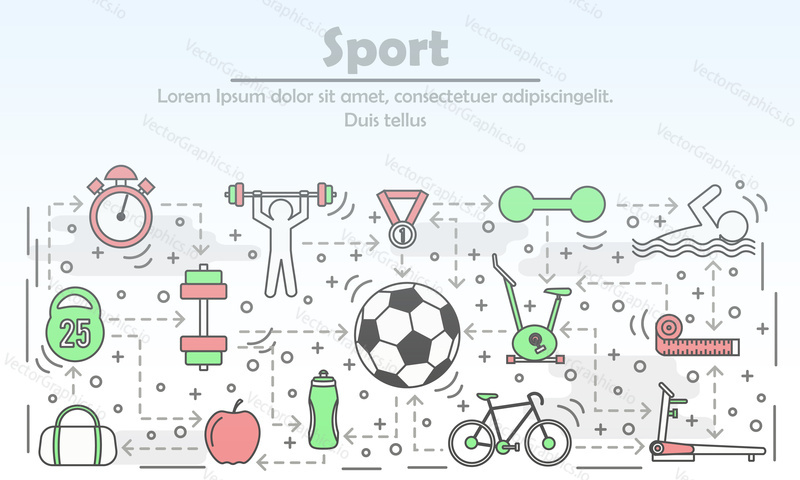 Sportovní reklama vektorové ilustrace. Moderní tenký designový prvek plochého stylu se sportovními předměty, cvičebním vybavením pro webové bannery a tištěné materiály.