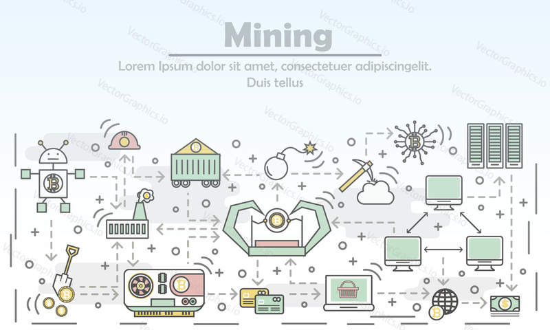 Bitcoin mining reklamní vektorové ilustrace. Moderní designový prvek s plochým stylem tenké linie s symboly digitální měny nebo kryptoměny, ikony pro bannery webových stránek a tištěné materiály.