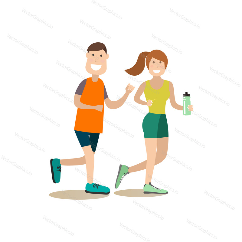 Vektorové ilustrace mladého muže a ženy jogging. Školení mimo lidi koncept plochý styl designový prvek, ikona izolován na bílém pozadí.
