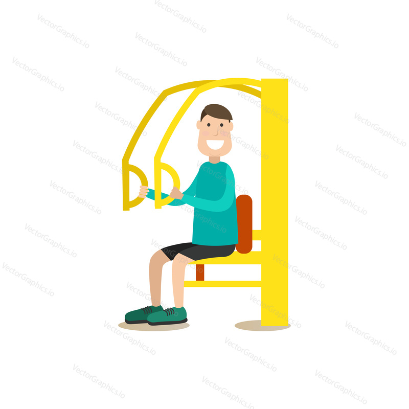 Vector illustration of man exercising on street training apparatus. Training outside people concept flat style design element, icon isolated on white background.
