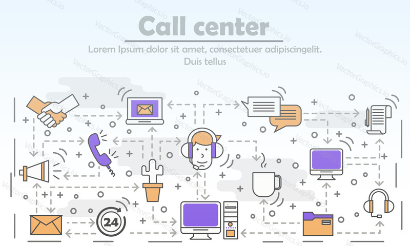 Vektorová ilustrace konceptu Call centra. Moderní tenká čára umění plochý styl designový prvek pro webové stránky bannery a tištěných materiálů.