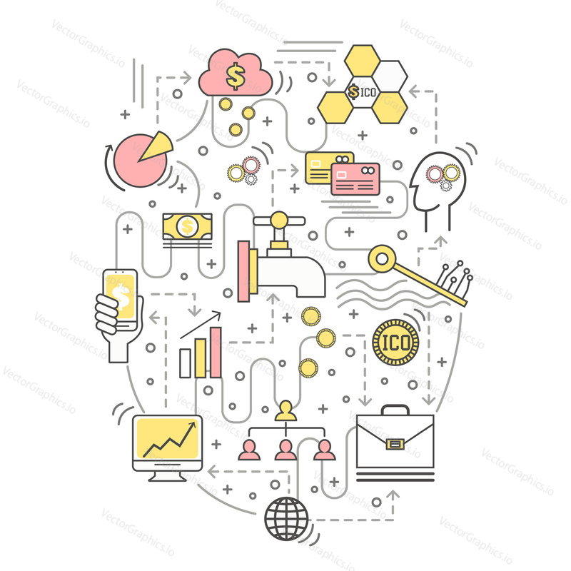 ICO počáteční mince nabízející koncept vektorové ilustrace. Moderní tenká linie umění plochý styl designu.