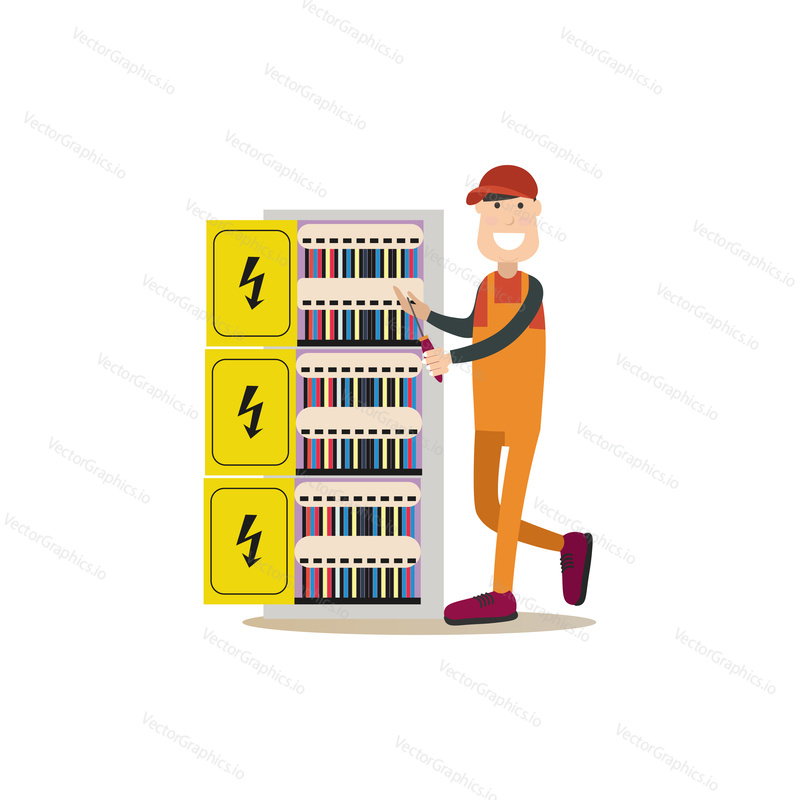 Vektorové ilustrace Elektrikář instalace, údržba nebo opravy elektrické energie, osvětlovací systém. Profesionální pracovník plochý designový prvek, ikona izolovaná na bílém pozadí.