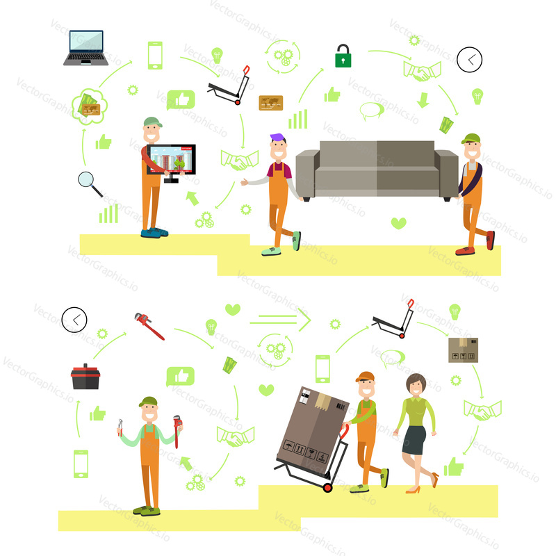 Vector illustration of delivery people, loaders delivering things, plumber with tools. Professional workers symbols, icons isolated on white background. Flat style design.
