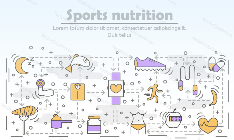 Sports nutrition advertising vector illustration. Modern thin line flat style design with sport food, dieting, healthy eating symbols, icons for website banners, presentation and printed materials.