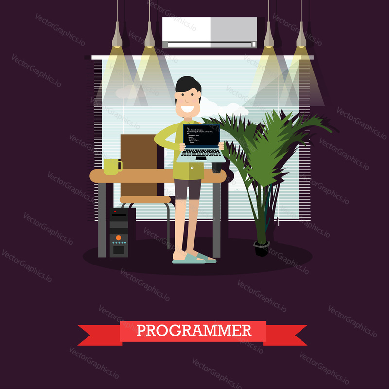Vector illustration of young man holding laptop with program codes on screen. Programmer, creative team member concept flat style design element.