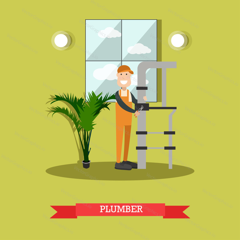 Vector illustration of pipe fitter fixing leaking water pipes with pipe wrench. Plumber concept design element in flat style.