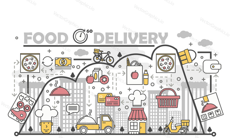 Food delivery concept vector illustration. Modern thin line art flat style design element with meal delivery service symbols, icons for website banners and printed materials.
