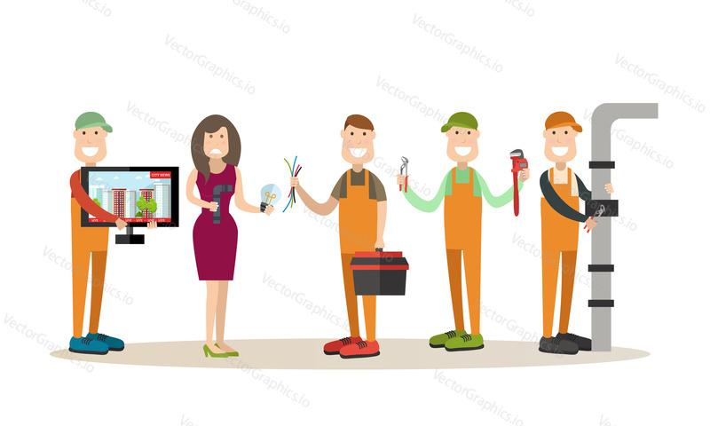Vektorová ilustrace instalatéra, doručovatel, dopravce, elektrikář a klientka, která má instalatérské a elektrické problémy. Profesionální pracovníci ploché symboly, ikony izolované na bílém pozadí.