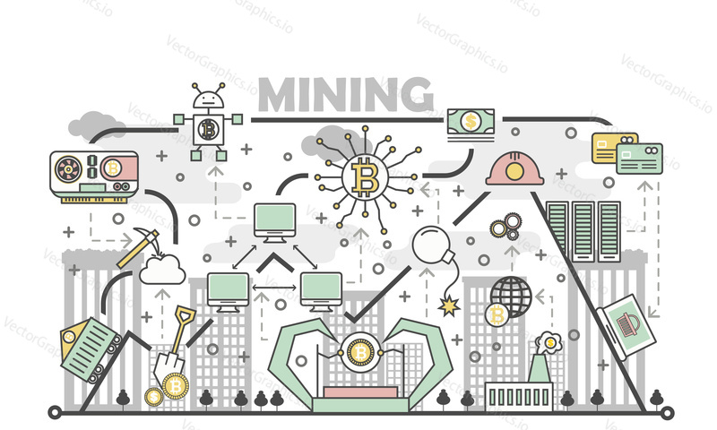 Bitcoin mining concept vector illustration. Digital currency or cryptocurrency mining process concept. Thin line flat style design element for web banners and printed materials.