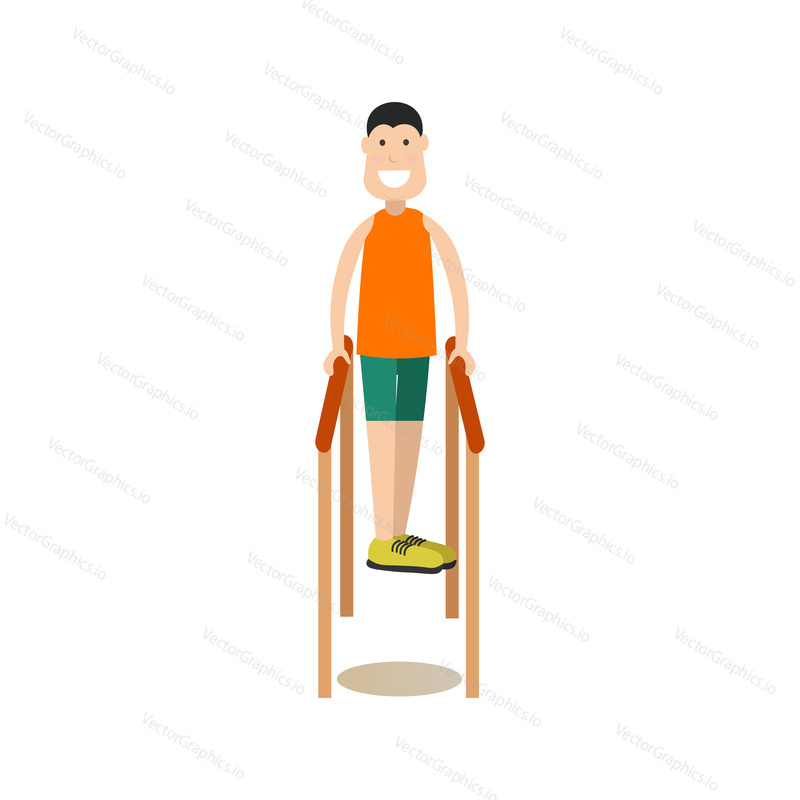 Vektorové ilustrace mladého muže provádějícího cvičení s paralelními pruhy. Školení mimo lidi koncept plochý styl designový prvek, ikona izolován na bílém pozadí.