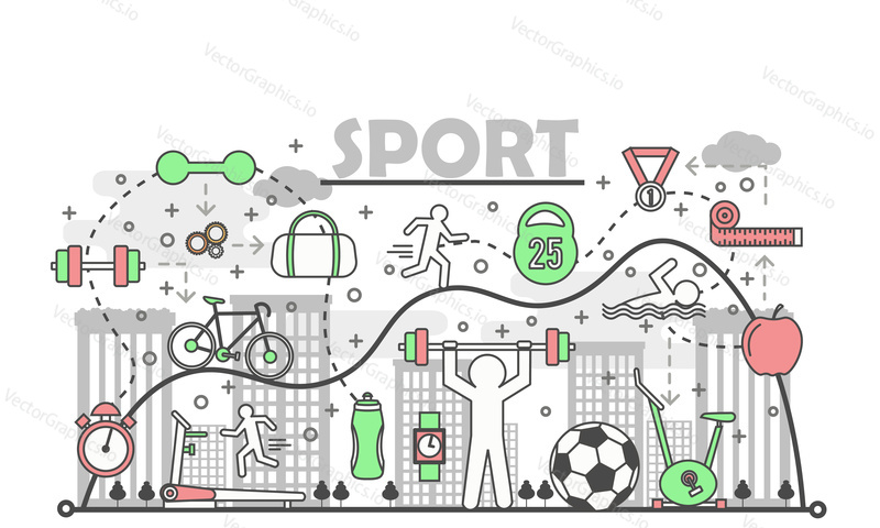 Sport concept vector illustration. Modern thin line flat design element with sports items, exercising equipment for website banners and printed materials.