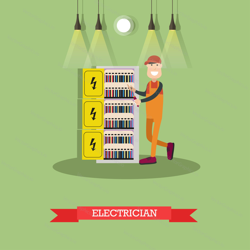Vektorové ilustrace profesionálního elektrikáře instalace, údržba nebo opravy elektrické energie, osvětlovací systém. Plochý designový prvek.