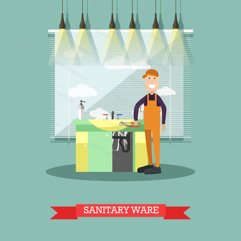 Vector illustration of plumber repairing washbasin in bathroom. Sanitary ware concept flat style design element.