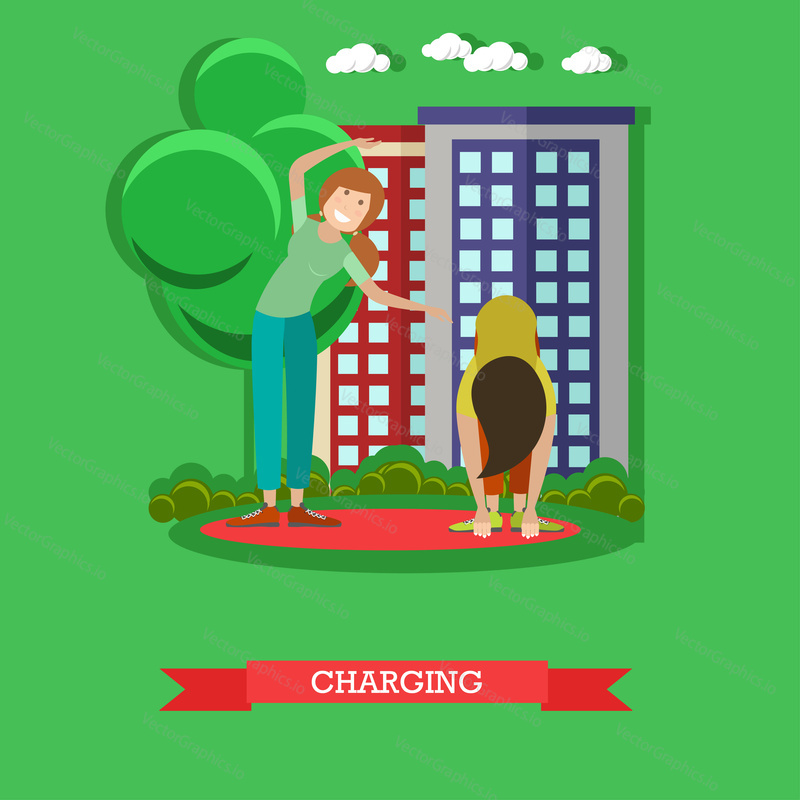 Vector illustration of women training in the park. Energy-boosting workouts or charging workouts concept flat style design element.