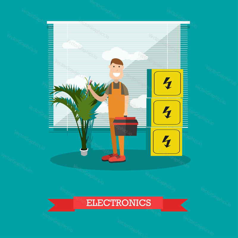 Vector illustration of worker with tool box and wires. Electronics repair services concept flat style design element.