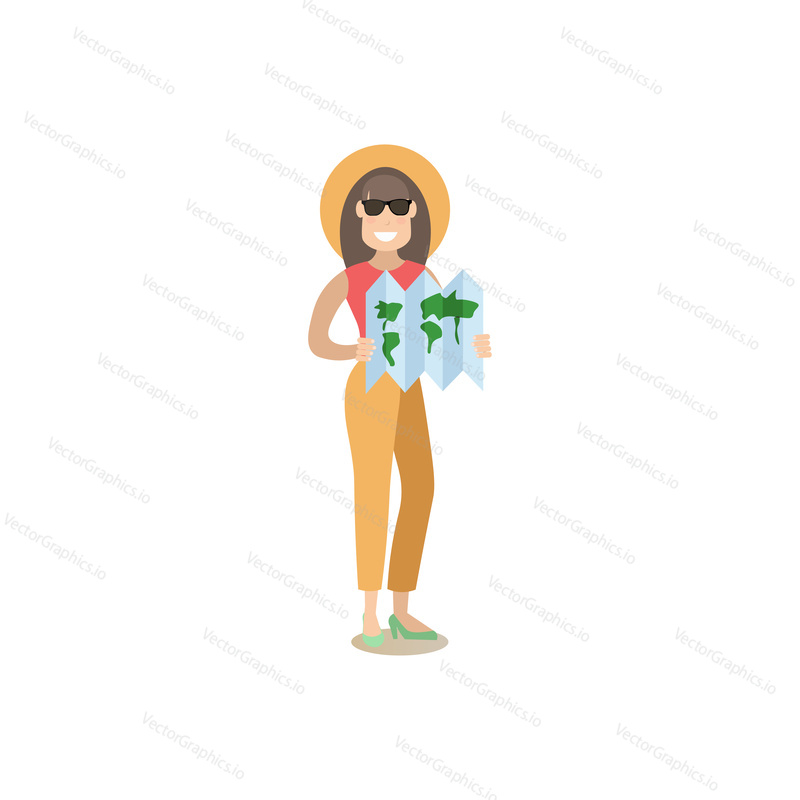 Vektorová ilustrace cestovatelky s turistickou kartou. Turističtí lidé koncept plochý styl designový prvek, ikona izolované na bílém pozadí.