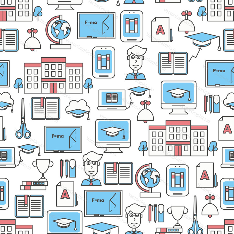 Vector seamless pattern with educational symbols, icons. Education background, wrapping paper texture thin line art flat style design.