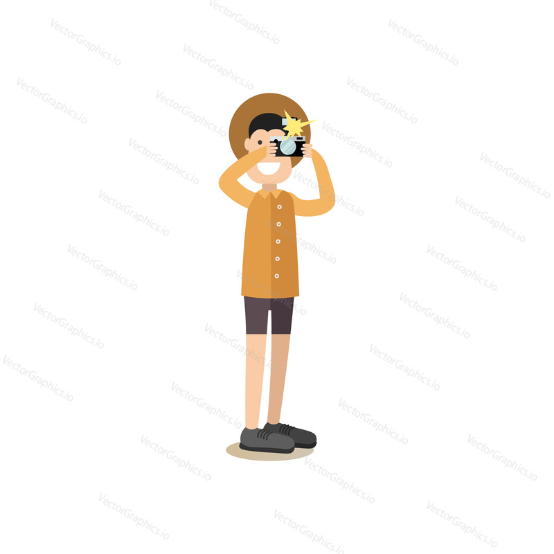 Vektorové ilustrace turistické mužské fotografování. Turističtí lidé koncept plochý styl designový prvek, ikona izolované na bílém pozadí.