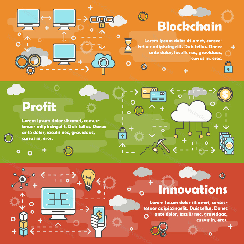 Vektorová sada horizontálních bannerů s blockchainem, zisk, inovace koncept moderní tenké linie ploché designové prvky, webové šablony.