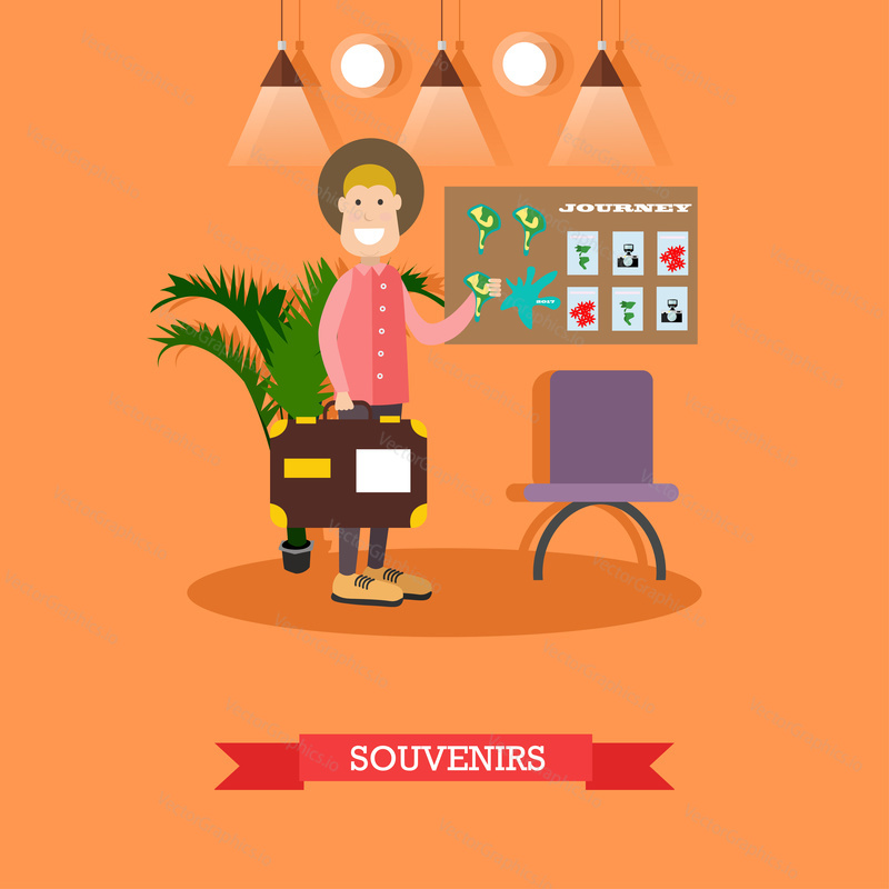 Vector illustration of tourist male buying souvenirs at gift shop. Flat style design.