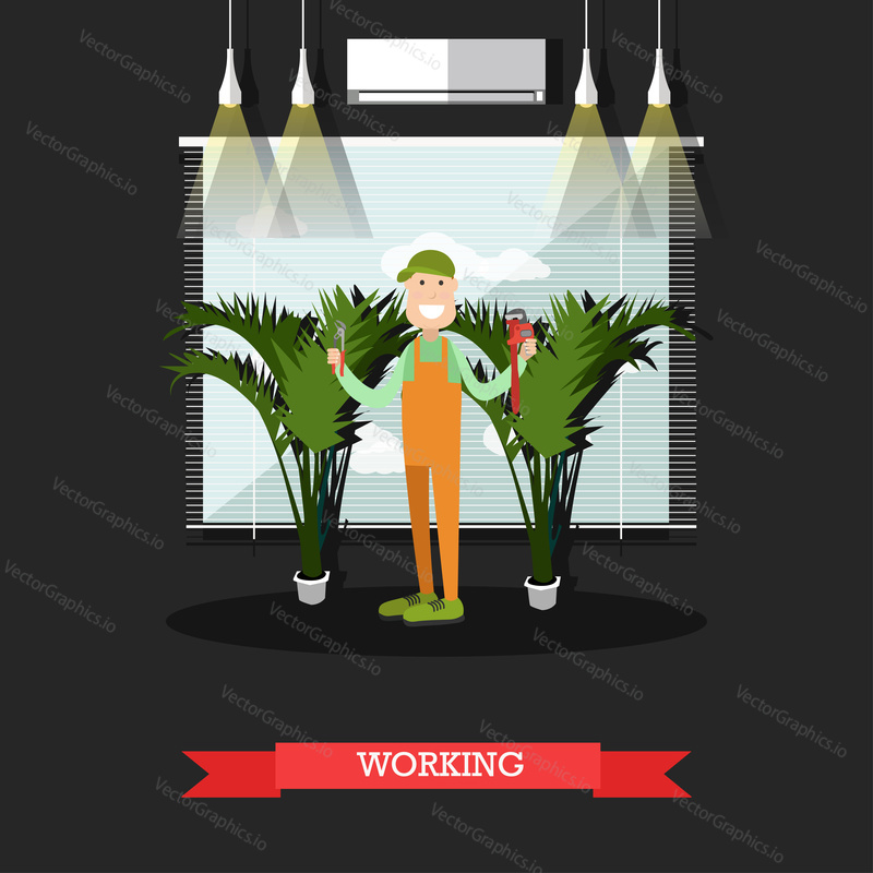 Vektorové ilustrace potrubí montér muž stojící s rukama zvednutými drží instalatéři kleště a potrubí klíč. Pracovní instalatér concept designový prvek v plochém stylu.
