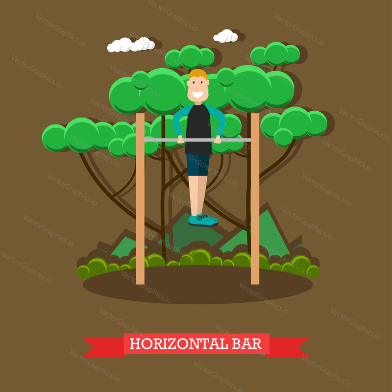 Vector illustration of man doing push-ups on horizontal bar in the park. Outdoors workout flat style design element.