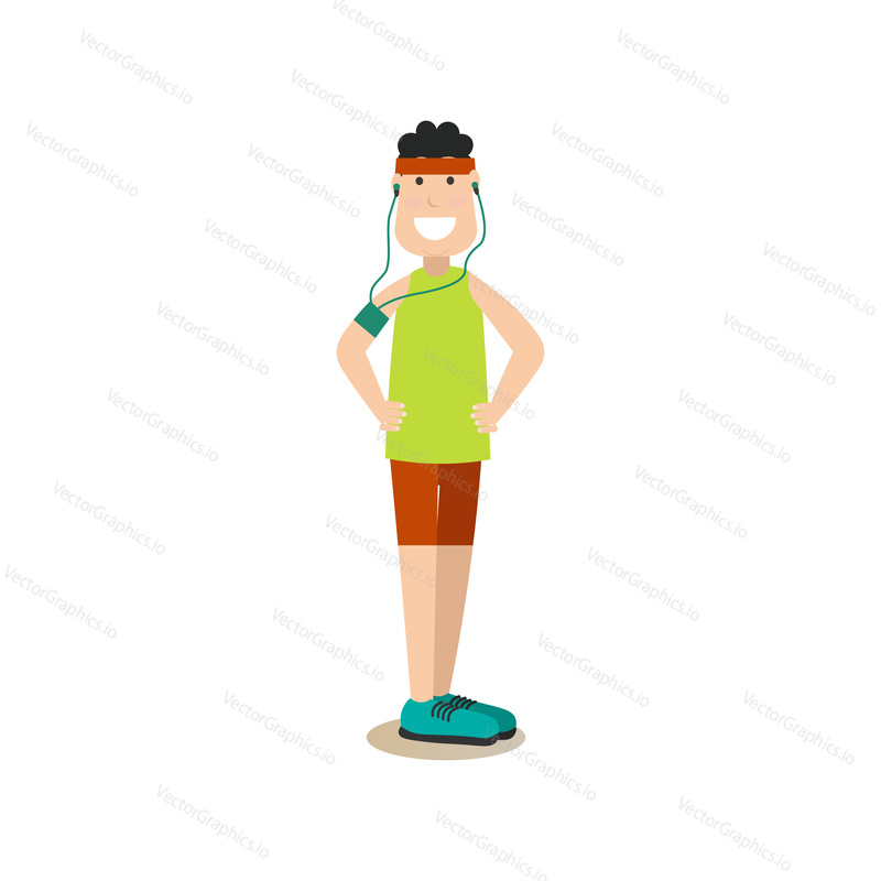 Vector illustration of sportsman in headphones exercising. Training outside people concept flat style design element, icon isolated on white background.