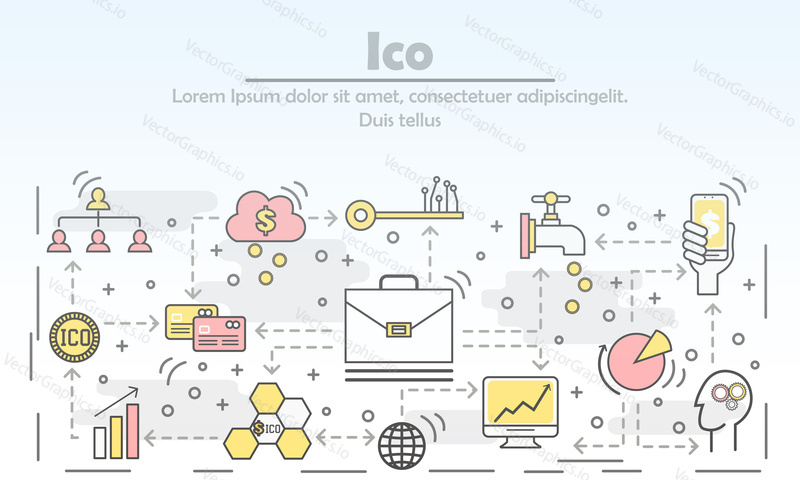 ICO počáteční mince nabízející koncept vektorové ilustrace. Moderní tenká linie umění plochý styl designový prvek pro webové bannery a tištěných materiálů.