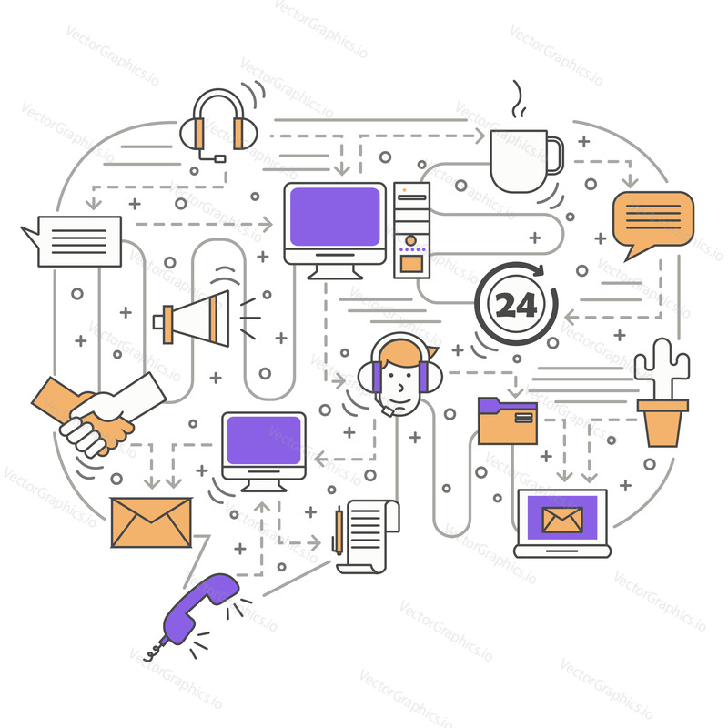 Call center concept vector illustration in the shape of speech bubble. Modern thin line art flat style design element for printed materials.