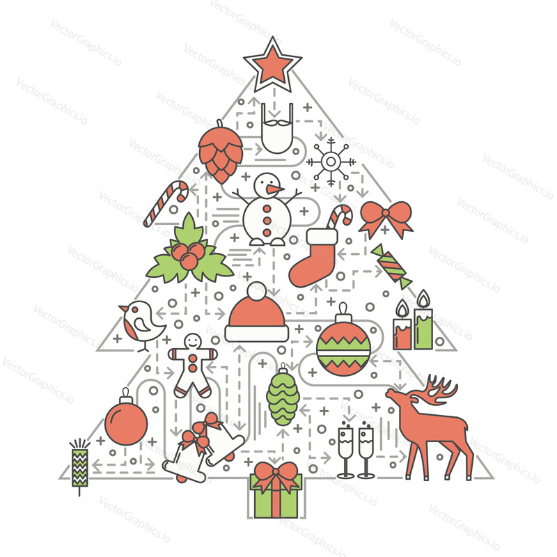 Christmas tree with Christmas and New Year icon set. Vector decorative holiday symbols reindeer, gift, snowman, bells, champagne. Thin line flat style design illustration isolated on white background.