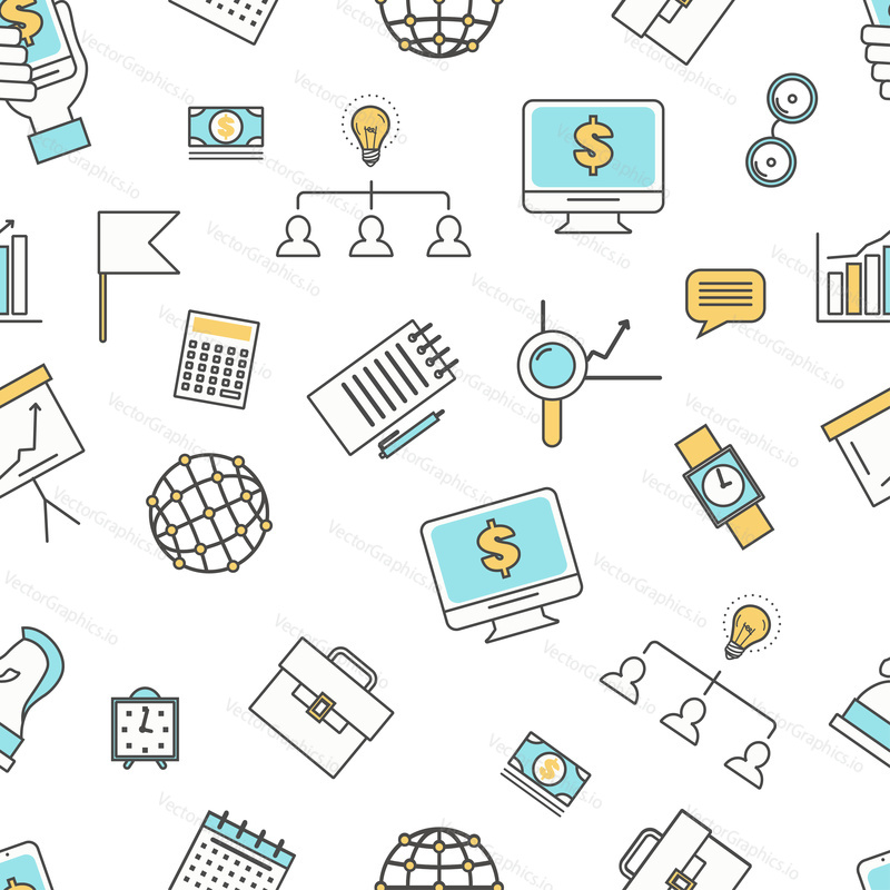 Office seamless pattern. Vector modern thin line flat design with business symbols.