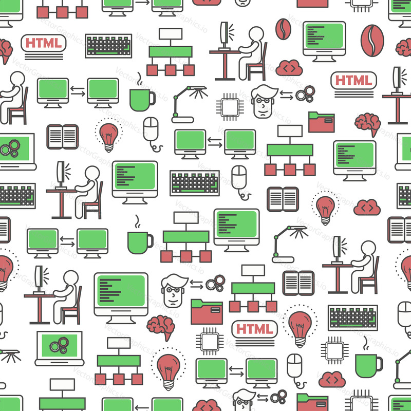 Vector seamless pattern with computer programming symbols, icons. Program coding background, wrapping paper texture thin line art flat style design.