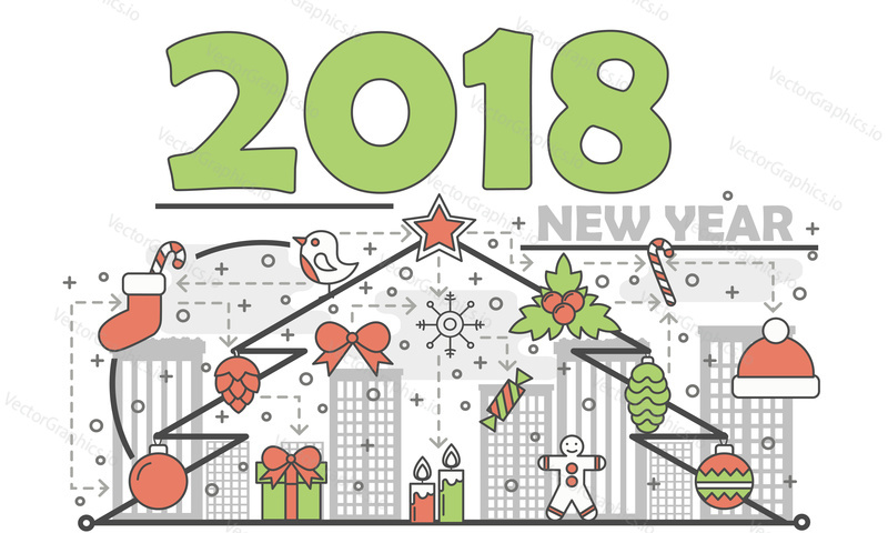 Vector Nový Rok blahopřání design s dovolenou ozdobné symboly vánoční strom, santa claus klobouk, dárková krabička, bonbóny, holly bobule, Nový rok nápisy. Tenká čára plochý styl designu ilustrace.