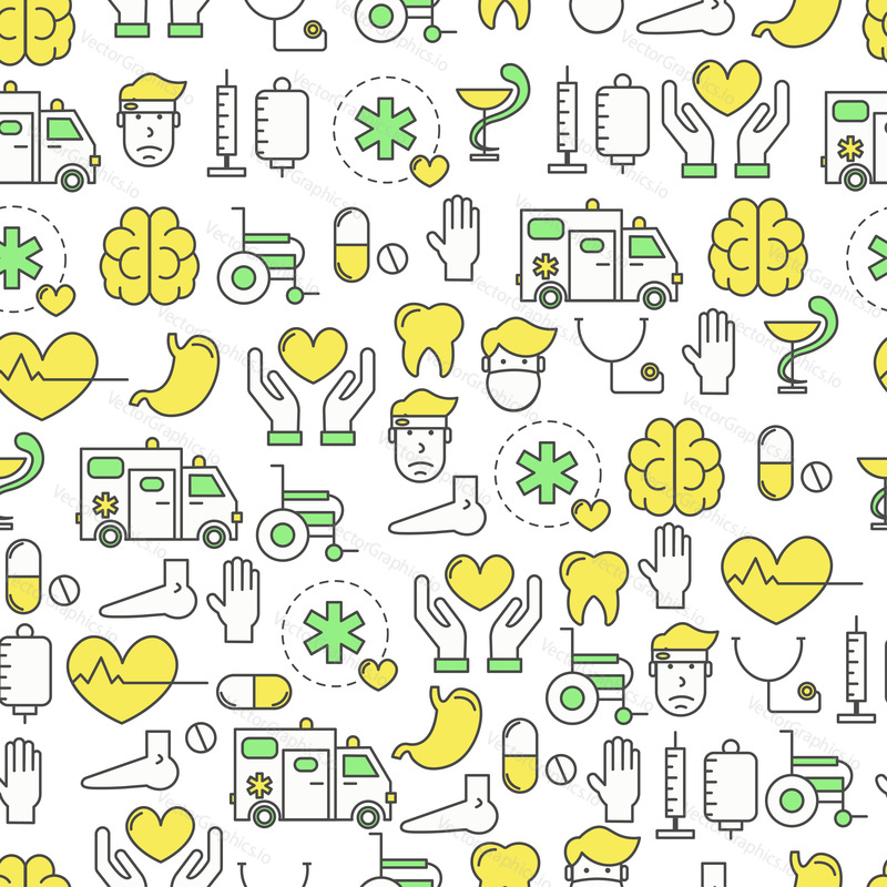 Vektorový bezproblémový vzor s lékařskými symboly, ikonami. Zdravotní péče medicína pozadí, balicí papír textura tenká linie umění plochý styl designu.