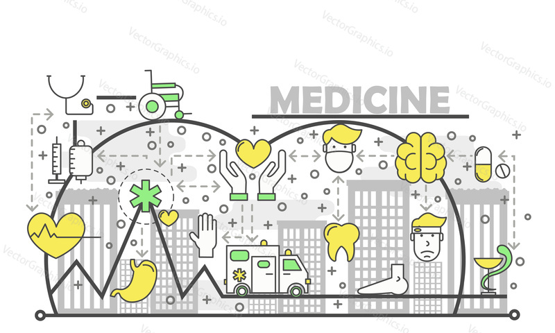 Vektorová ilustrace konceptu medicíny. Moderní linie umění plochý styl designový prvek s zdravotní péče Lékařské ikony, symboly pro web banner a tištěných materiálů.