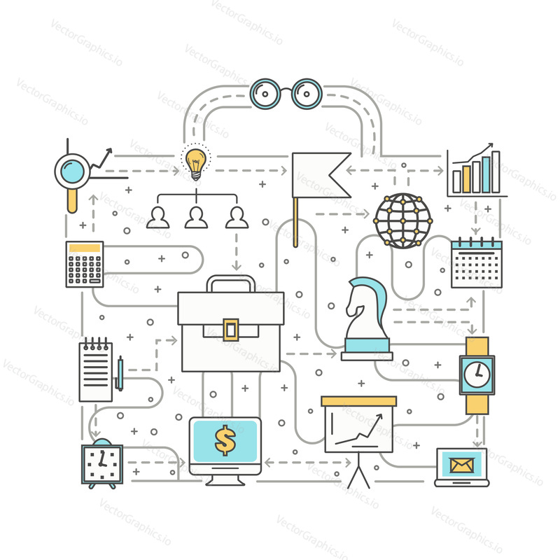 Office bag shaped vector illustration. Modern thin line flat style design element with business symbols for printed materials.