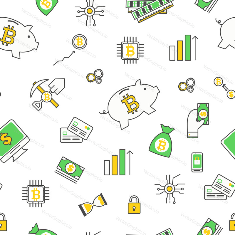 Bitcoin bezproblémový vzor. Vector moderní tenká čára plochý design s digitální měny nebo kryptoměna symboly, ikony.