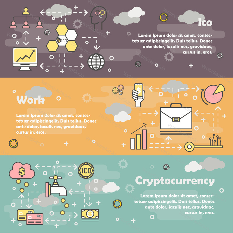Vektorová sada vodorovných bannerů s prvky ICO, práce a kryptocurrency line art flat style design, webové šablony.