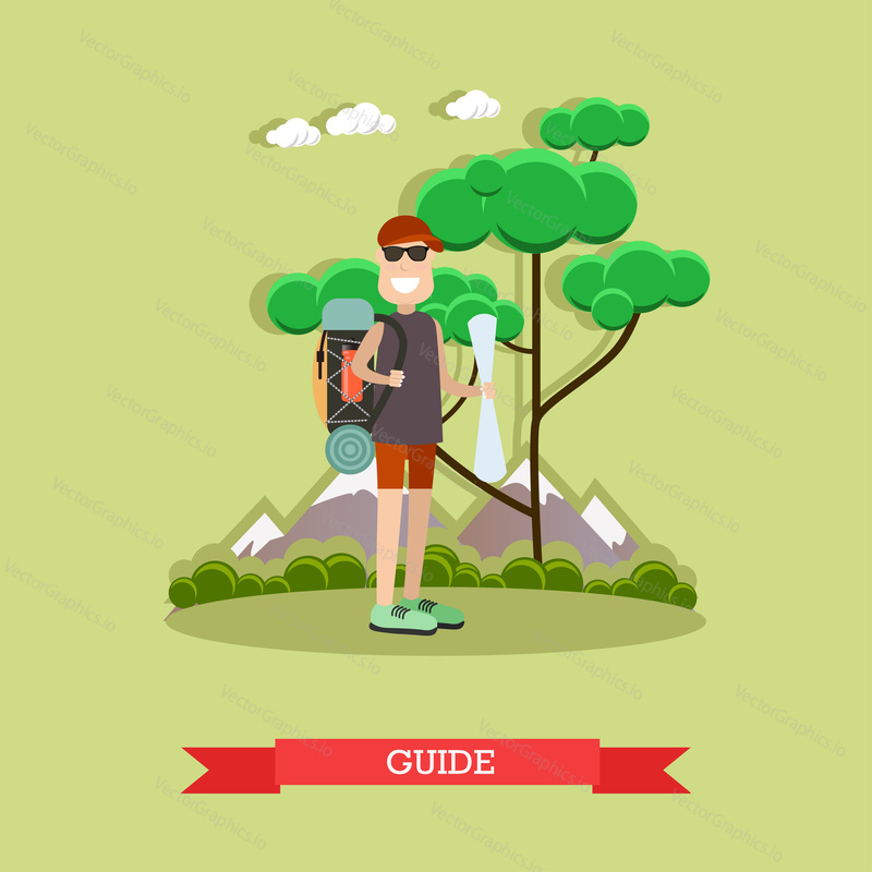 Vector illustration of traveler male with backpack and map. Tour guide flat style design element.