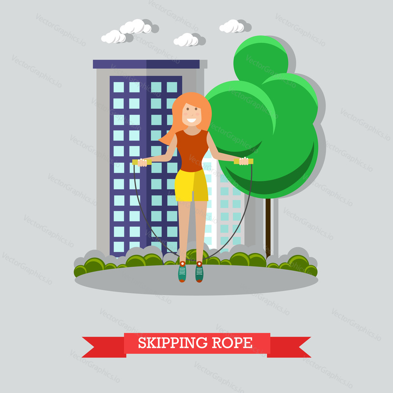 Vector illustration of girl training with jump rope in the park. Skipping rope flat style design element.