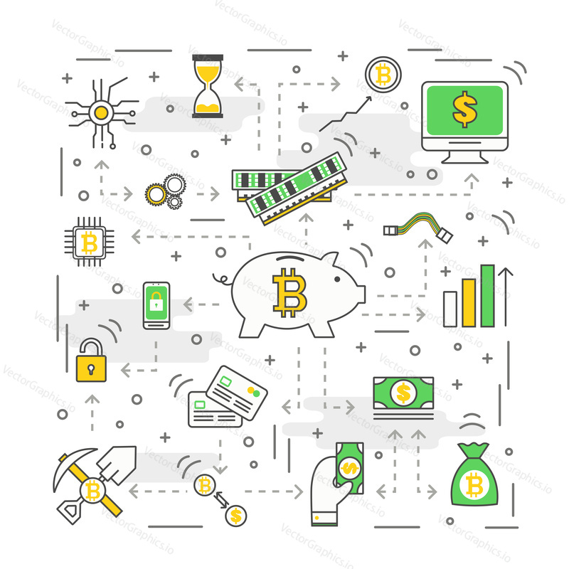 Векторная иллюстрация концепции биткойна. Тонкие линии плоских элементов дизайна, символов, иконок для веб-баннеров и печатных материалов.