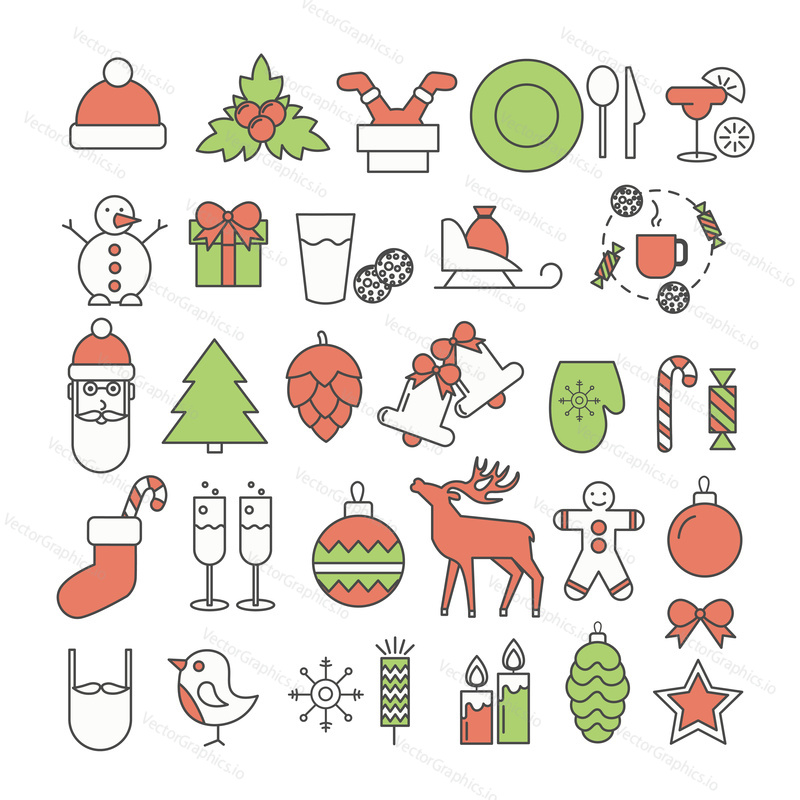 Vánoční a Nový rok ikona set. Vektorové dekorativní sváteční symboly santa clause, sobi, dárková krabička, sněhulák, zvony, šampaňské. Tenká čára plochý styl design ilustrace izolované na bílém pozadí.
