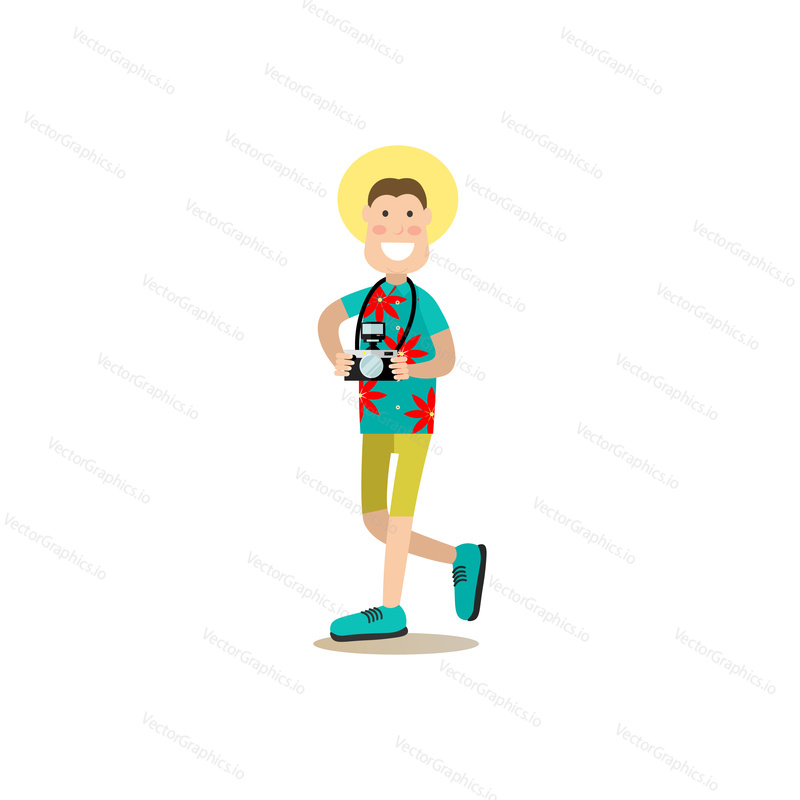 Vektorové ilustrace turistické mužské cestování s kamerou. Turističtí lidé koncept plochý styl designový prvek, ikona izolované na bílém pozadí.