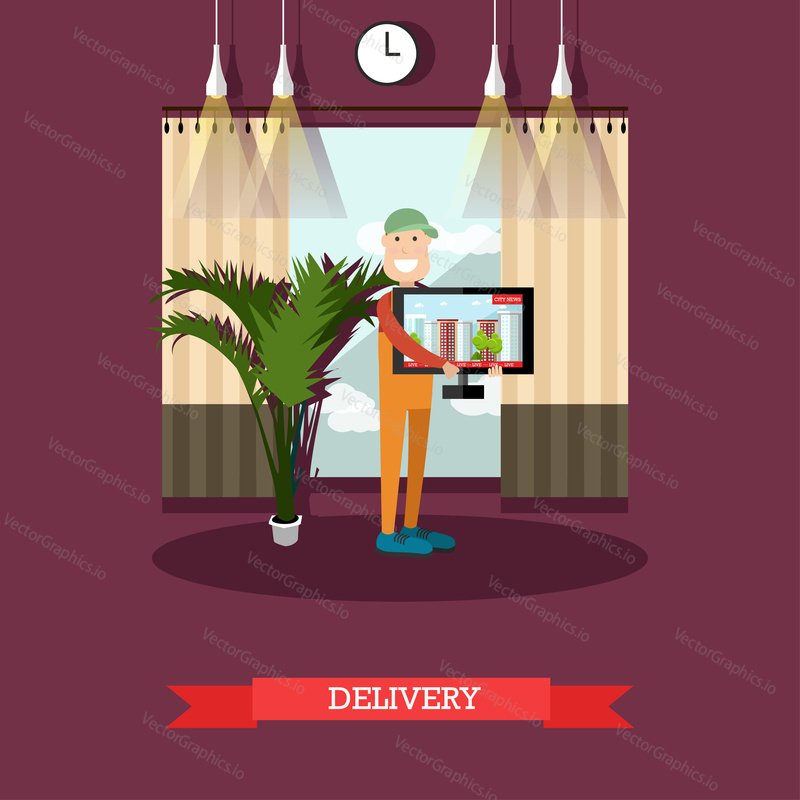 Vector illustration of worker male holding tv. Home delivery services flat style design element.