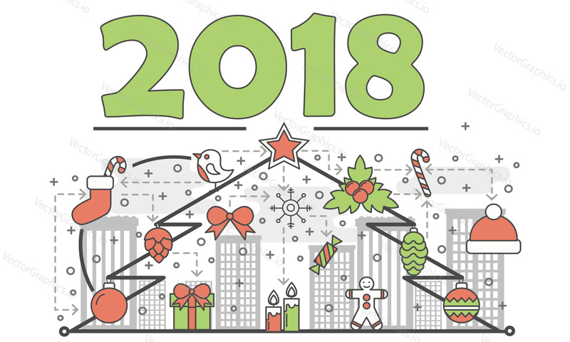 Vector Nový Rok blahopřání design s dovolenou ozdobné symboly vánoční strom, santa claus klobouk, dárková krabička, bonbóny, vánoční koule, holly bobule. Tenká čára plochý styl designu ilustrace.